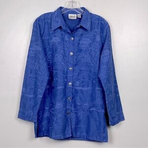 Chico’s blue Asian landscape embroidered button front tunic length shirt, medium